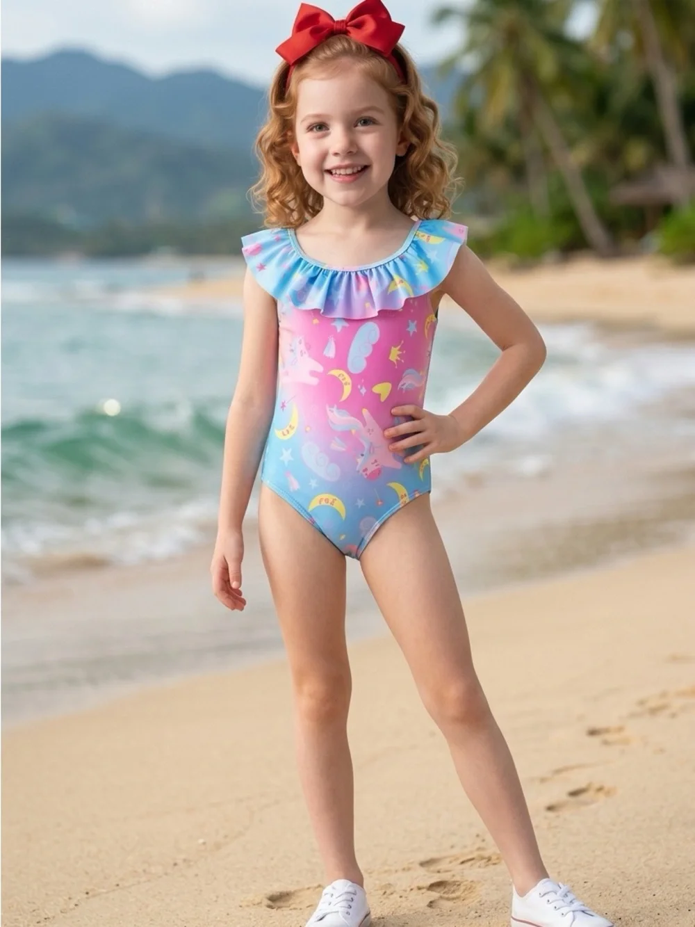 🚘 🆕 Ruffled Pink & Blue Kids One-Piece Swimsuit with Unicorn Print 6 yr